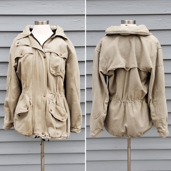 Vintage 90s y2k Jackeroos Khaki Canvas Work Chore Utility Cargo Coat Jacket Md - Picture 1 of 9